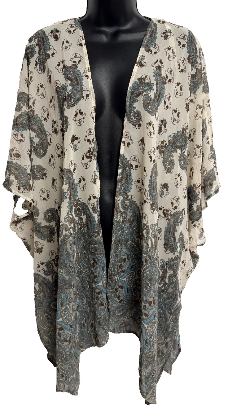 Daniel Rainn Paisley Kimono Womens M/L Blue Open Front Beach Cover Up Top NEW
